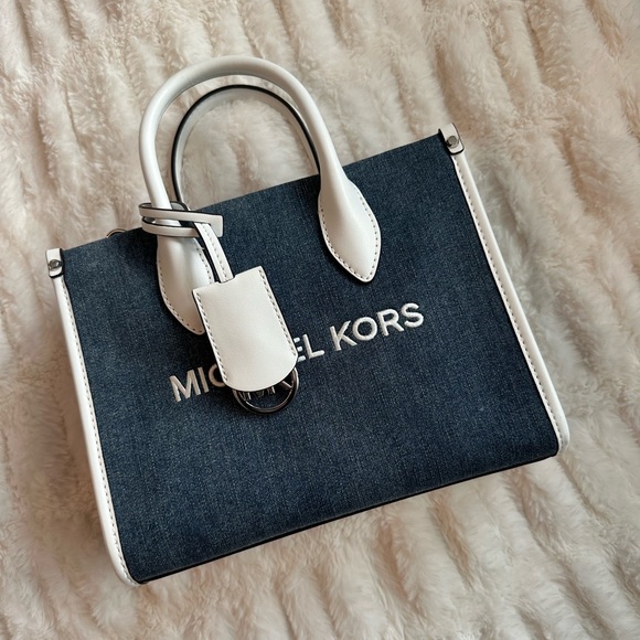 Michael Kors Mirella Small Denim and White Tote Bag - Picture 3 of 9